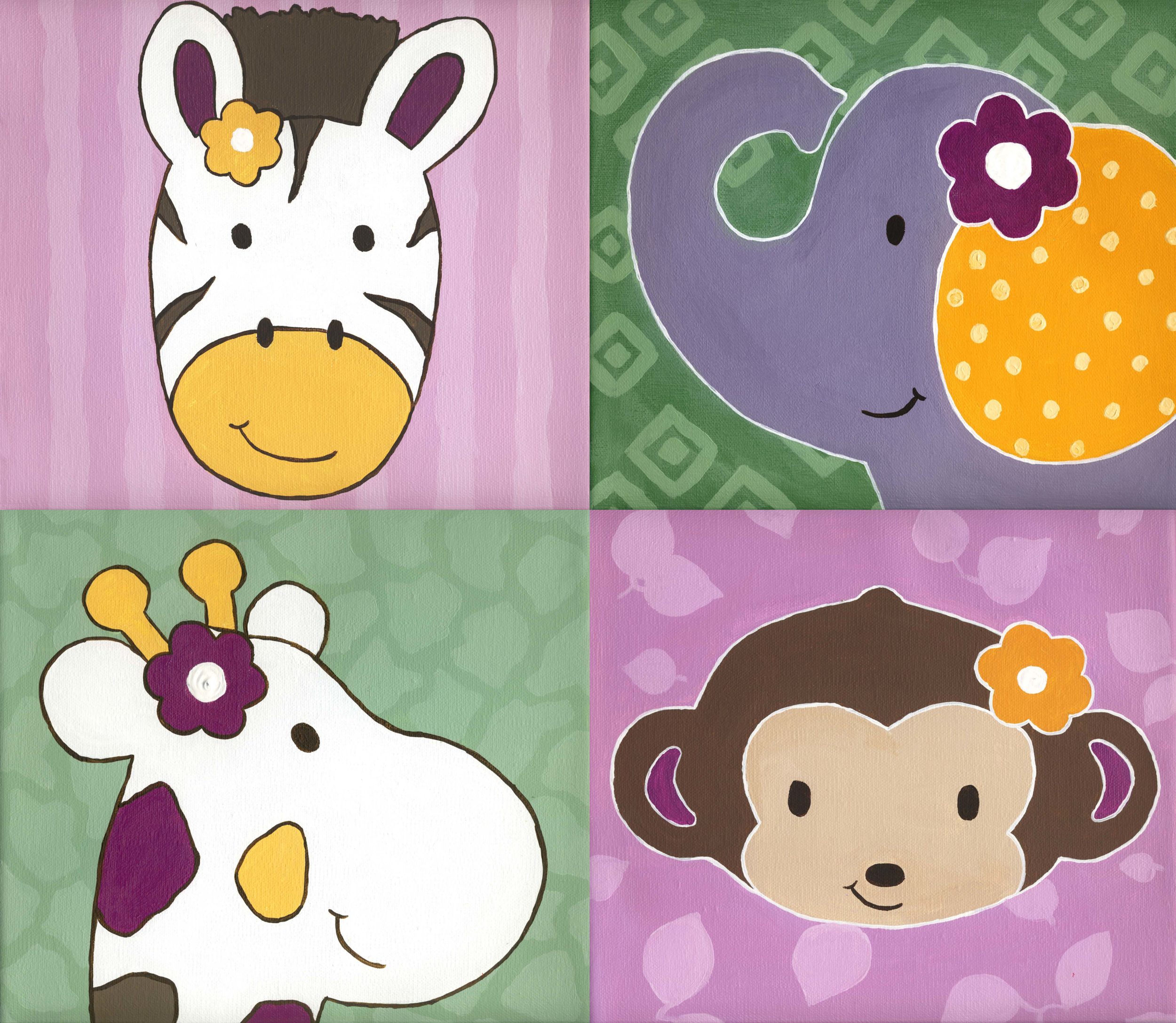 Paintings for a child's room: Zebra, Elephant, Giraffe & Monkey